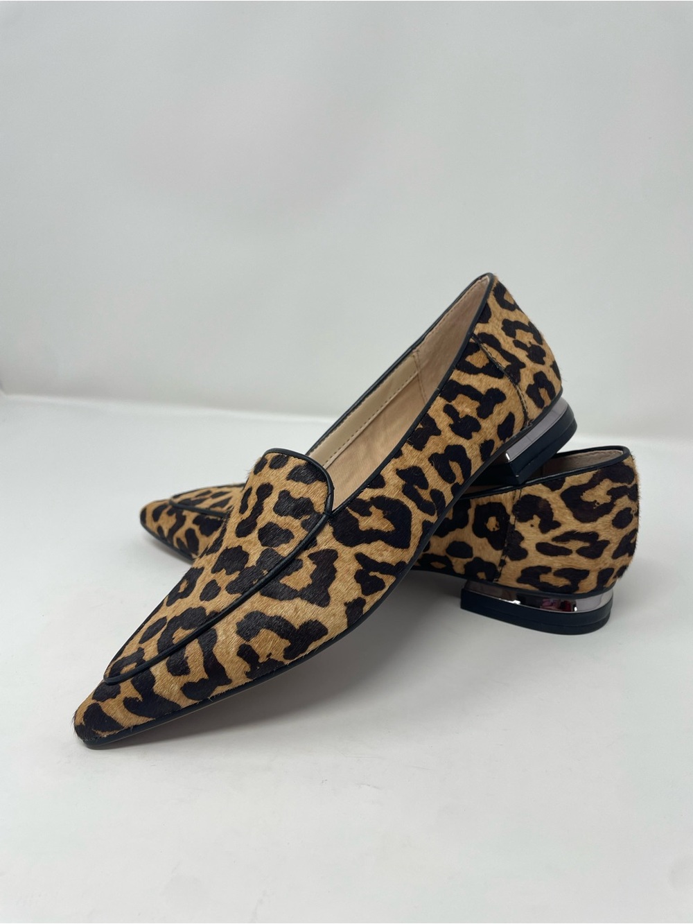 Franco Sarto Leopard Print Pointed Flats in Tan and Black
